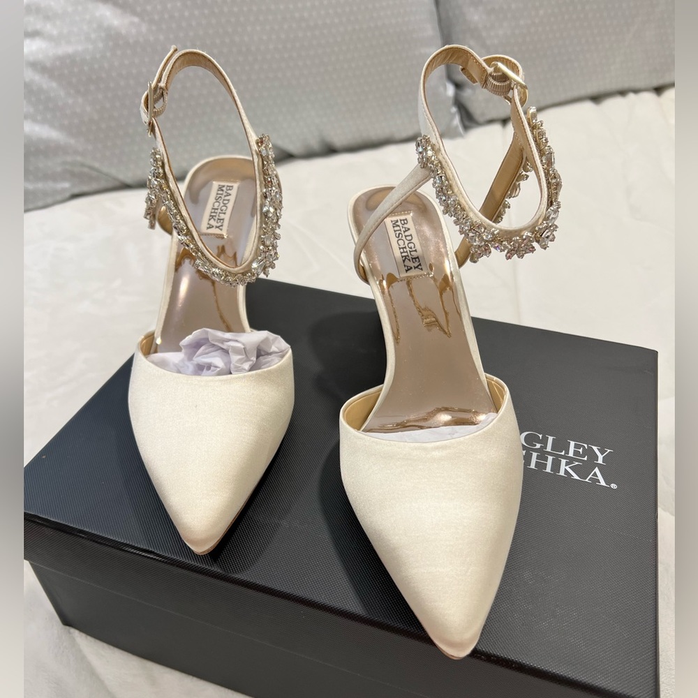 Badgley Mischka Esmeralda Embellished silk pumps wedding shoes